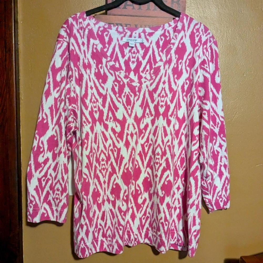 Chico's Pink and White 100% Pima Cotton Top Women's XL Summer